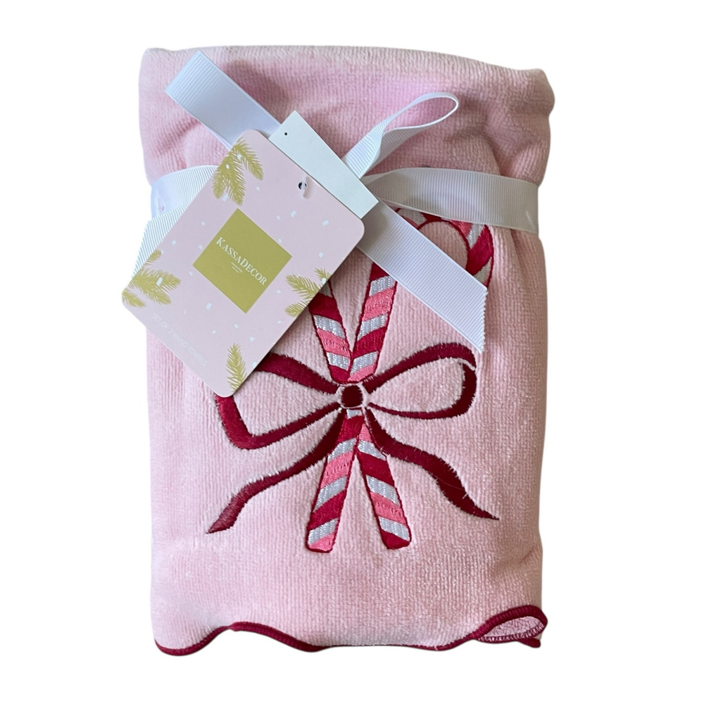 2pc Kassatex Christmas Hand Towels Candy Cane with Bow Cotton Holiday Pink NEW